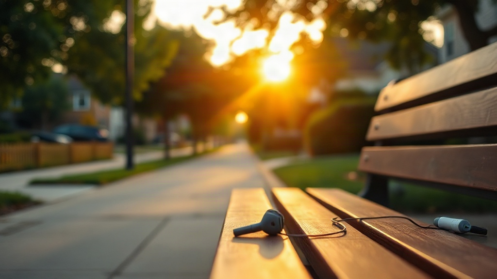 Sunlit sidewalk scene suggesting a podcast-free walk